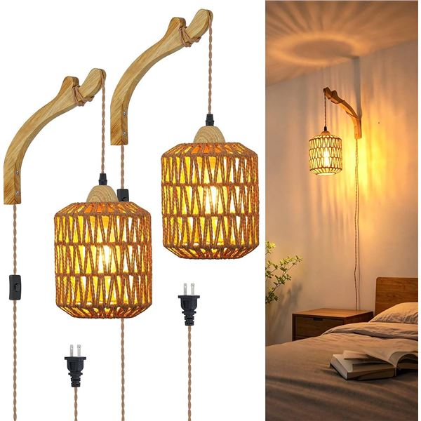 Frideko Plug-In Wicker Wall Lamps Pair