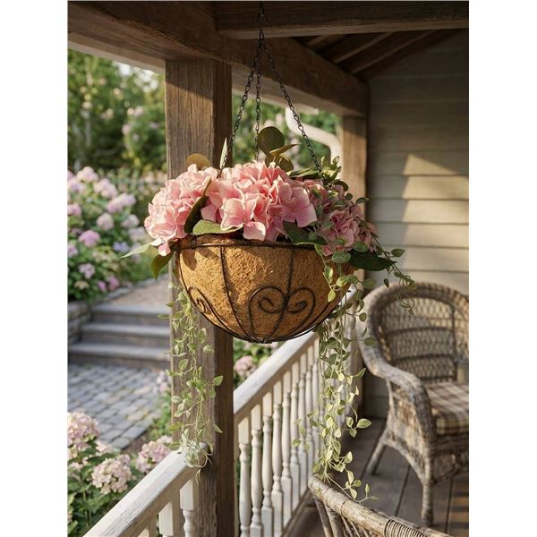 Fake Pink Hydrangea With Hanging Basket Decor