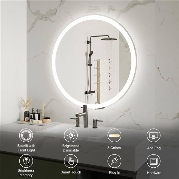 WOSEKBATHAL Bathroom LED Mirror, 24 Inches Round LED Mirror for Bathroom
