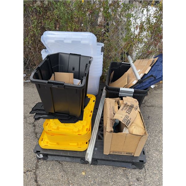 Pallet Lot of Storage Totes And Lids and misc items
