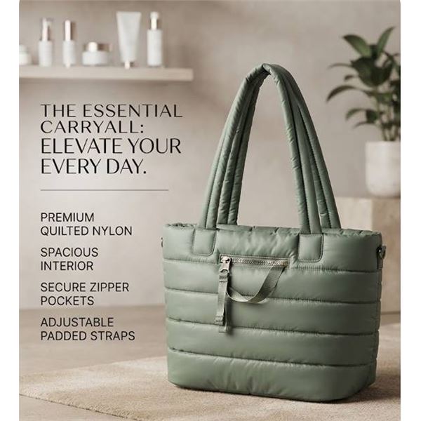 Green Puffer Tote Bag with Removable Strap