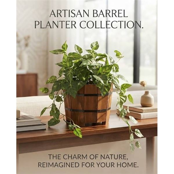 Artificial Potted Plant In Wood Barrel Planter