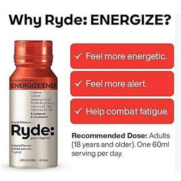 Ryde Energize 60ml Shots, Pack of 8, Lot of 3