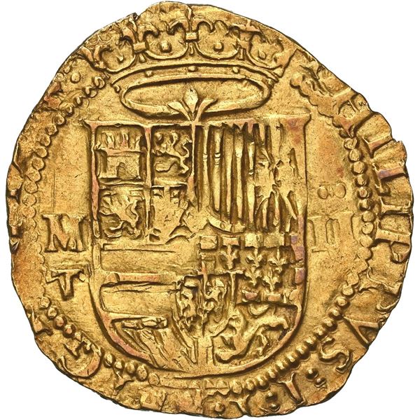 SPAIN, Toledo, gold cob 2 escudos, Philip II, assayer M above mintmark T to left, denomination II to