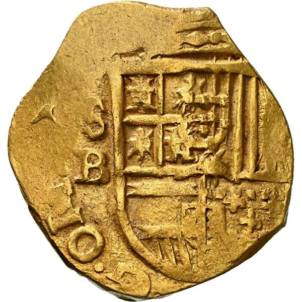 SPAIN, Seville, gold cob 2 escudos, Philip III, assayer B, OMNIVM / REGNORVM legend, NGC AU 55.