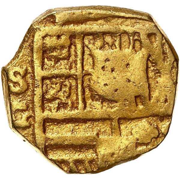 SPAIN, Seville, gold cob 1 escudo, Philip III, assayer G, obverse struck from 2E die, unique, NGC XF
