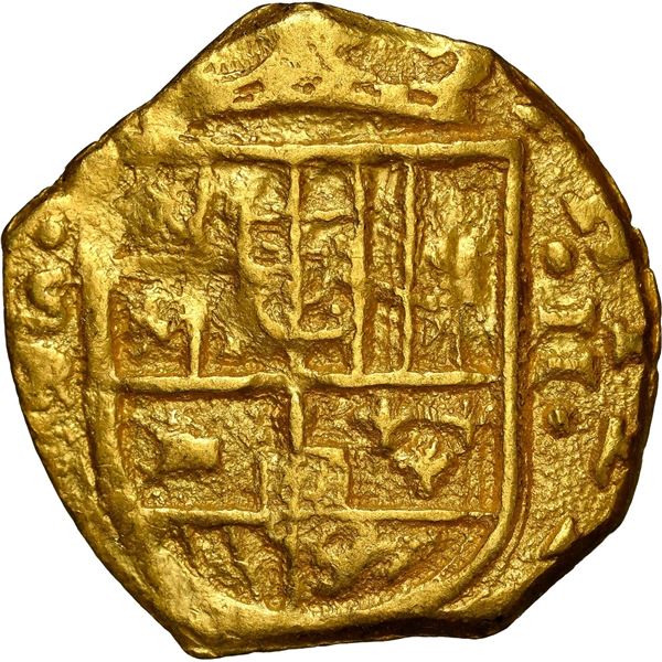 SPAIN, Seville, gold cob 2 escudos, 1632 R, unique, NGC MS 62, finest and only example in NGC census