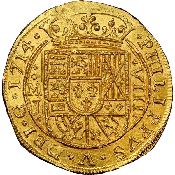MEXICO, Mexico City, gold cob 8 escudos Royal (galano), Philip V, 1714 J, very rare, NGC MS 65 (1715