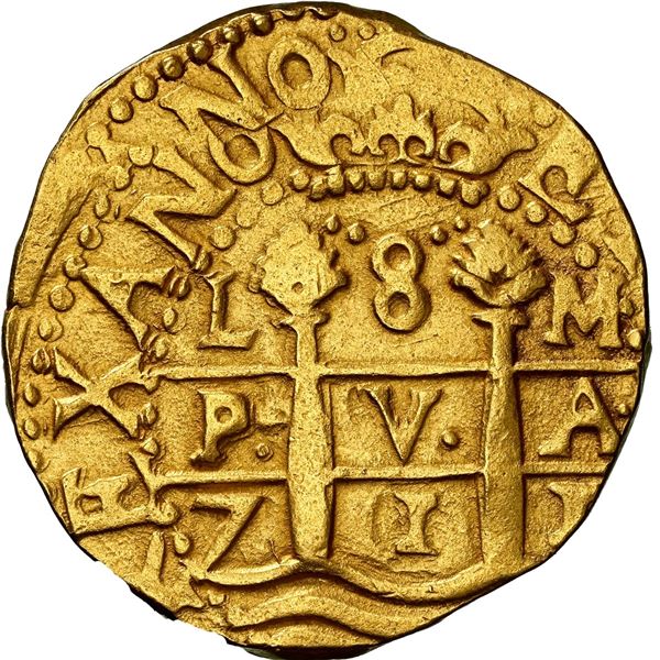 PERU, Lima, gold cob 8 escudos, 1711 M, PCGS AU55 (1715 Plate Fleet), ex-Sotheby's.
