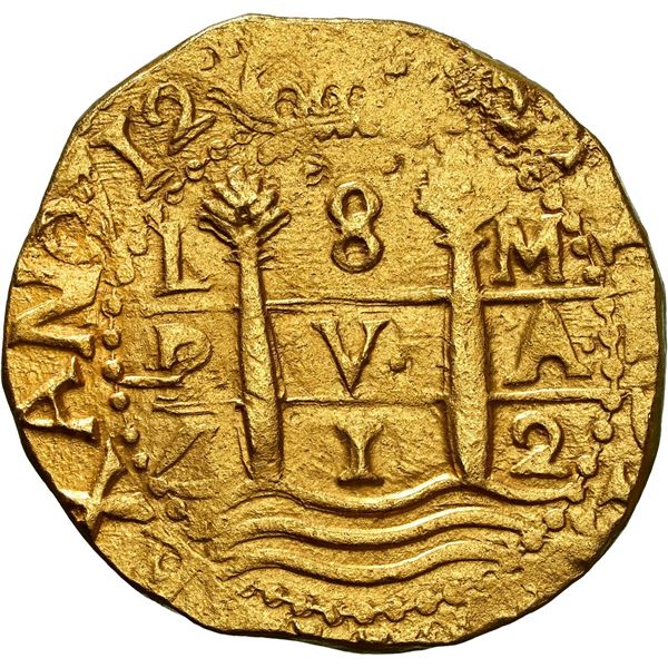PERU, Lima, gold cob 8 escudos, 1712 M, legend starting at 6 o'clock, NGC MS 61 (1715 Fleet Shipwrec