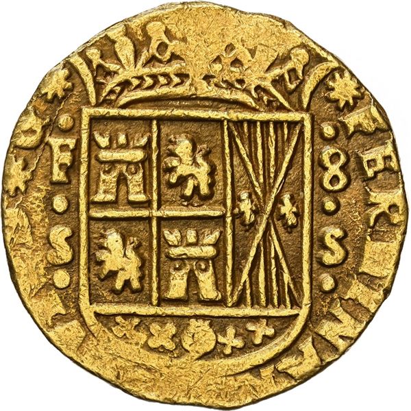 COLOMBIA, Bogotá, gold cob 8 escudos, 1753, assayer S (Sebastián de Rivera) below denomination 8 to 