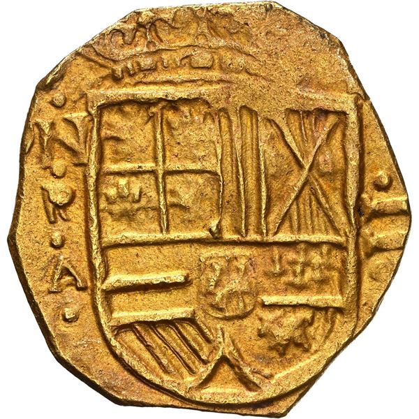 COLOMBIA, Bogotá, gold cob 2 escudos, (1636), assayer A below mintmark NR to left, dots in dimple-ri
