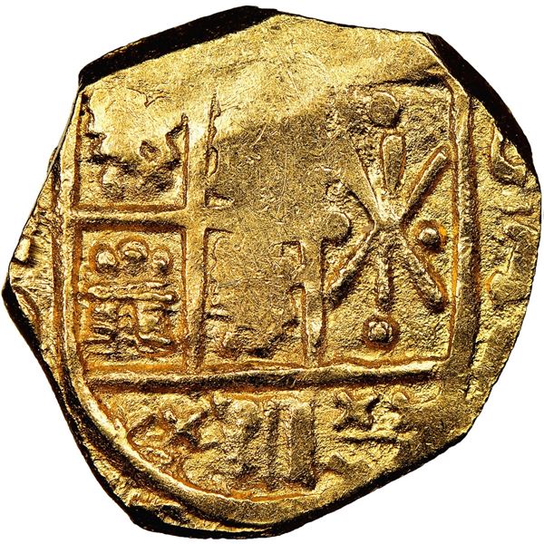 COLOMBIA, Bogotá, gold cob 2 escudos, 1705, no assayer (Arce), Charles II posthumous, NGC MS 62 (171