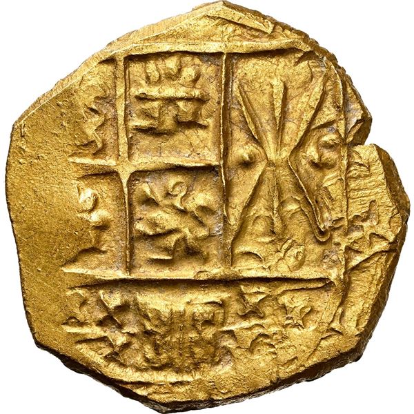COLOMBIA, Bogotá, gold cob 2 escudos, 1711, no assayer (Arce), Charles II posthumous, NGC MS 61 (171