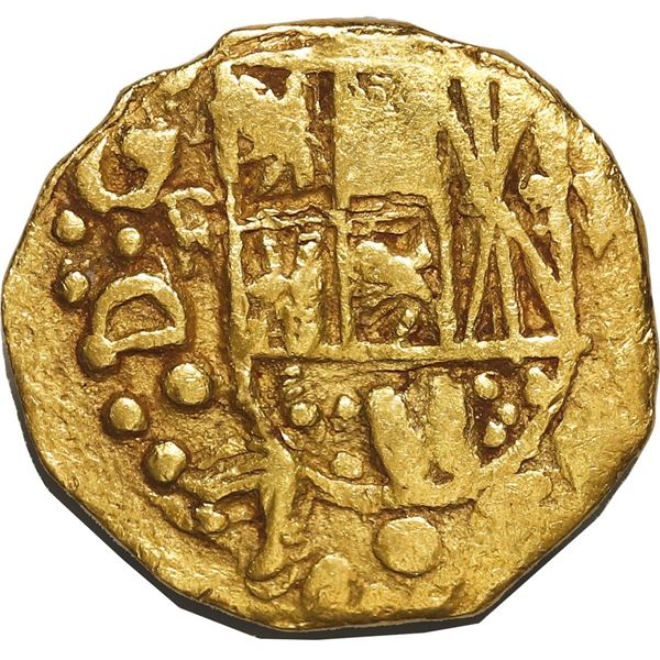 COLOMBIA, Bogotá, gold cob 1 escudo, Philip V, assayer M to right, mintmark F to left (late 1730s to