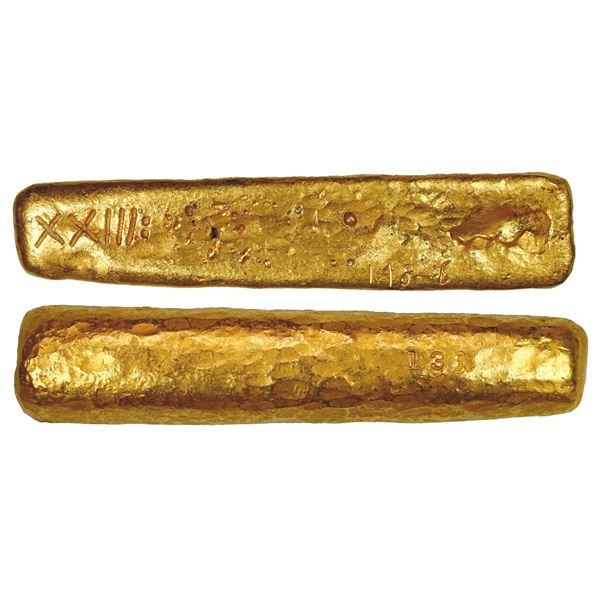Gold "finger" bar 13, 22 oz troy (684 grams), marked with fineness XXIII: (23.5K) and weight 148-6 (