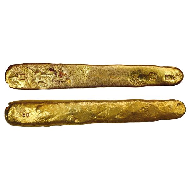 Gold "finger" bar 20, 17.55 oz troy (546 grams), marked with fineness XVIII (18K), foundry or assaye