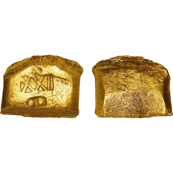 Small cut piece of a gold "finger" bar, 1.3 oz troy (40.38 grams), marked with fineness XXI: (21.5K)