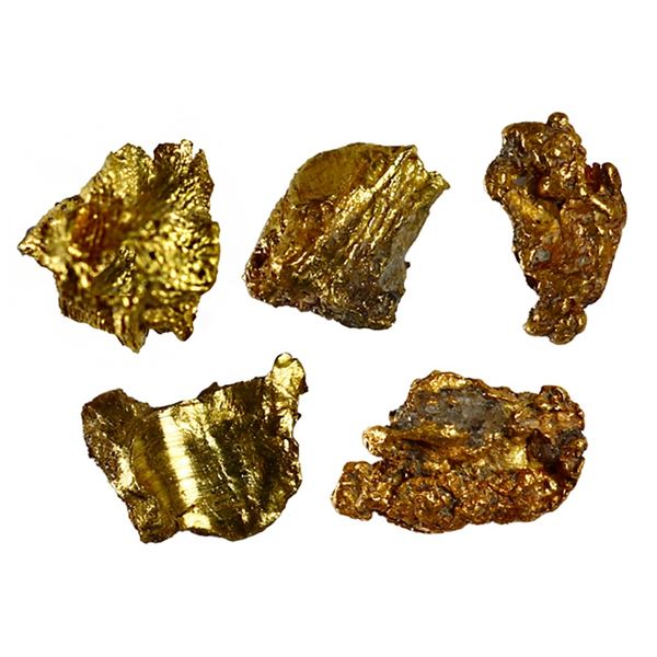 Lot of five gold bits, from 0.03 to 0.20 gram each (total 0.36 gram), 16K to 18K fine, ex-"Dry Tortu