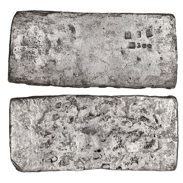 Silver "tumbaga" bar M-19, 5.25 lb av (2381 grams), with markings of fineness 9CCCCLXX (970/2400), s