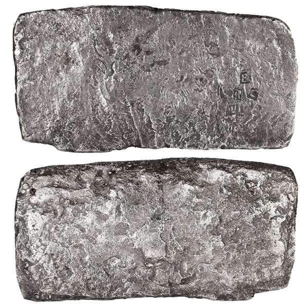 Silver "tumbaga" bar M-32, 5.21 lb av (2363 grams), with markings of fineness iUL (1050/2400 fine), 