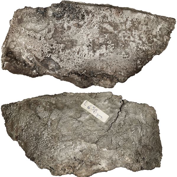 Half-cut silver "splash" ingot, 21.2 oz troy (658 grams), with markings of fineness and foundry/assa