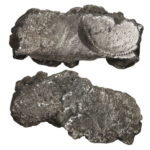 Small cut piece of a silver "splash" ingot, 0.93 oz troy (28.93 grams), with partial tax stamp