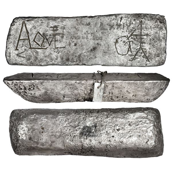 Large silver bar 585 from Oruro, 67 lb 0.48 oz troy (25 kg), marked with fineness IIUCCCLXXX (2380/2