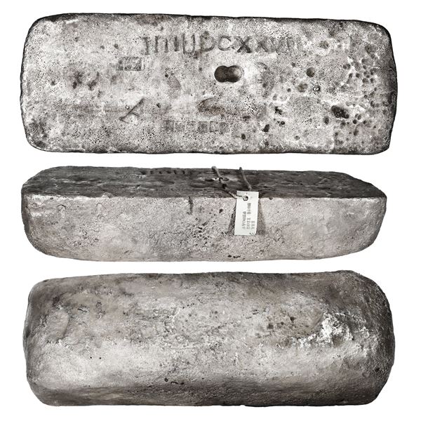 Large silver bar 387 from Potosí, 79 lb 1.76 oz troy (28.4 kg), marked with date 16Z1, fineness IIUC