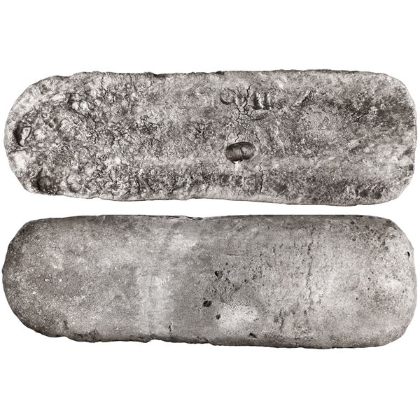 Medium-sized silver bar from Potosí, 19.37 lb troy (7.23 kg), marked with date 1622, fineness, manif