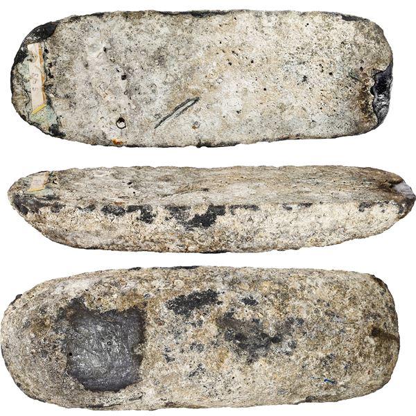 Encrusted large silver bar 505, 53 lb 5.48 oz troy (20 kg), fineness unknown, no visible markings, e
