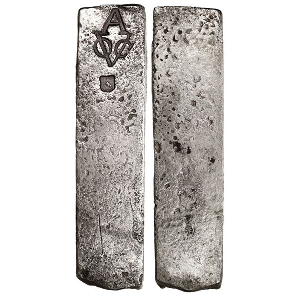 Neatly formed Dutch silver ingot, 62 oz troy (1933 grams), about 98.5% fine, with markings of VOC (D