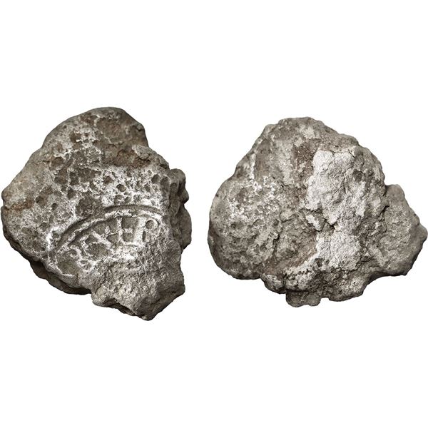 Small Spanish colonial silver "plata corriente" cut piece with partial tax stamp (early to mid-1500s