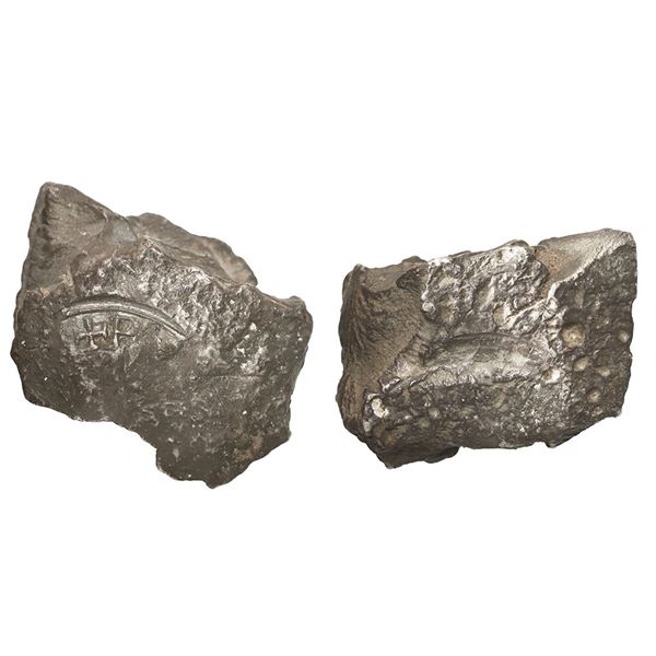 Small Spanish colonial silver "plata corriente" cut piece with partial tax stamp (early to mid-1500s