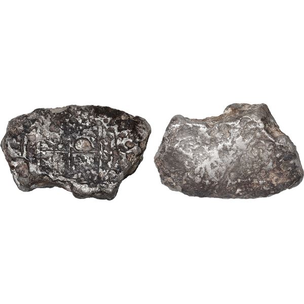 Small Spanish colonial silver "plata corriente" cut piece with partial tax stamp (late 1500s to earl
