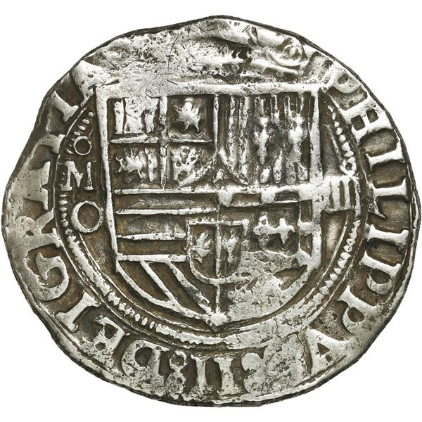 MEXICO, Mexico City, cob 4 reales, Philip II, assayer O below mintmark oM to left.