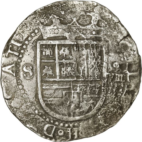 SPAIN, Seville, cob 8 reales, Philip II, assayer Gothic D at 4 o'clock outside tressure on reverse.