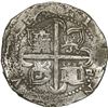 Image 2 : SPAIN, Seville, cob 8 reales, Philip II, assayer Gothic D at 4 o'clock outside tressure on reverse.