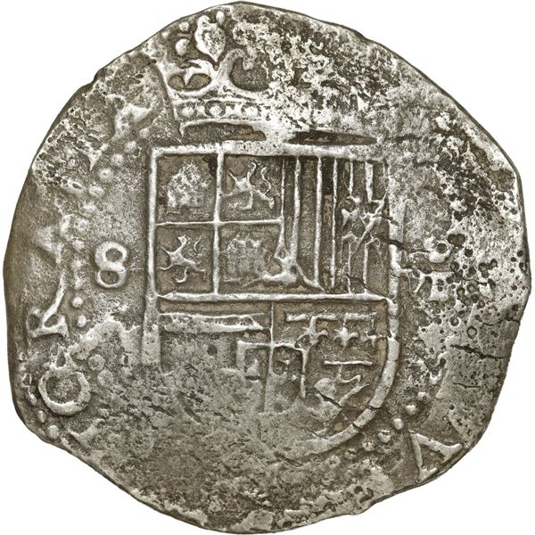 SPAIN, Seville, cob 8 reales, Philip II, assayer Gothic D at 4 o'clock outside tressure on reverse.
