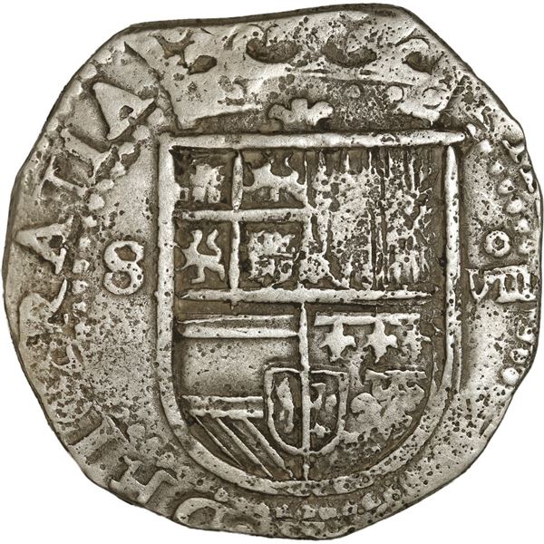 SPAIN, Seville, cob 8 reales, Philip II, assayer Gothic D at 4 o'clock outside tressure on reverse.