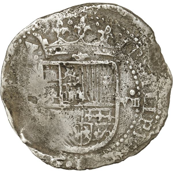 SPAIN, Seville, cob 8 reales, Philip II, assayer Gothic D at 4 o'clock outside tressure on reverse.