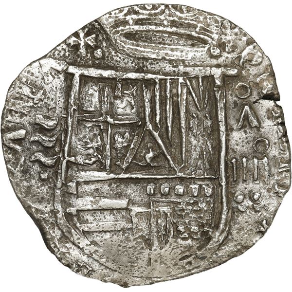 SPAIN, Valladolid, cob 4 reales, Philip II, assayer oA above denomination oIIII to right, cross-fleu