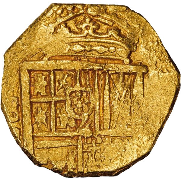 SPAIN, Seville, gold cob 2 escudos, Philip III, assayer B, PCGS UNC details / scratch (Atocha Shipwr