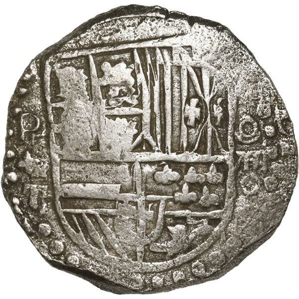 BOLIVIA, Potosí, cob 8 reales, Philip III, assayer T, quadrants of cross transposed, "flat" lions, G