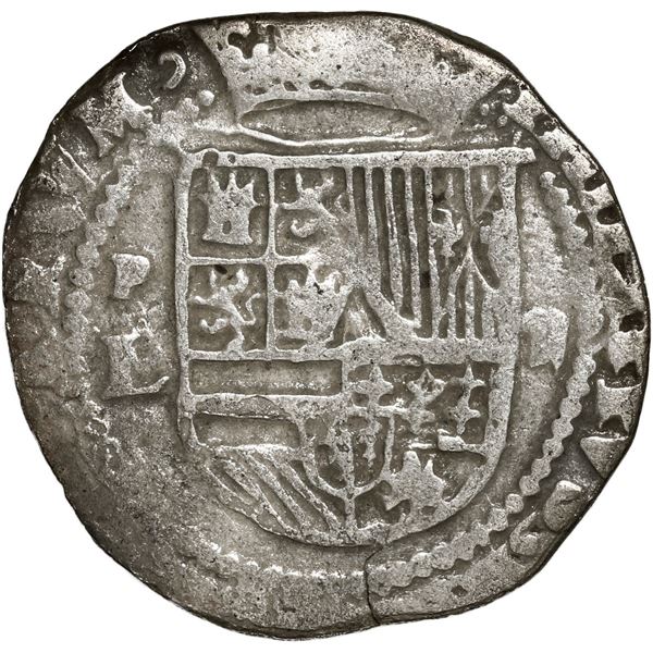 BOLIVIA, Potosí, cob 2 reales, Philip II, assayer L (1st period) below mintmark P to left, "Seville"