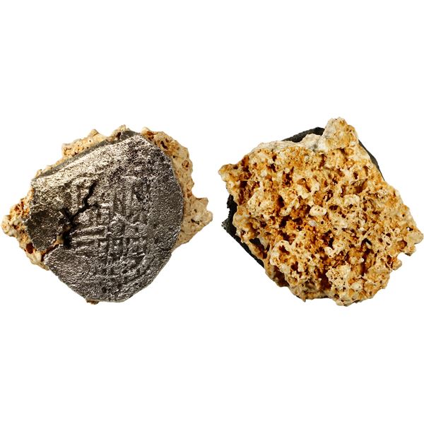 MEXICO, Mexico City, clump of one cob 4 reales and chunk of coral, Philip IV, assayer not visible.