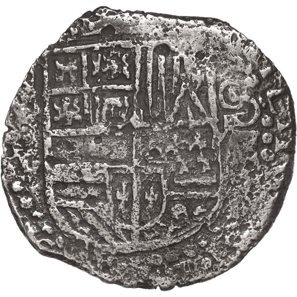 BOLIVIA, Potosí, cob 8 reales, Philip IV, assayer T (late 1620s), "hunched over" lions.
