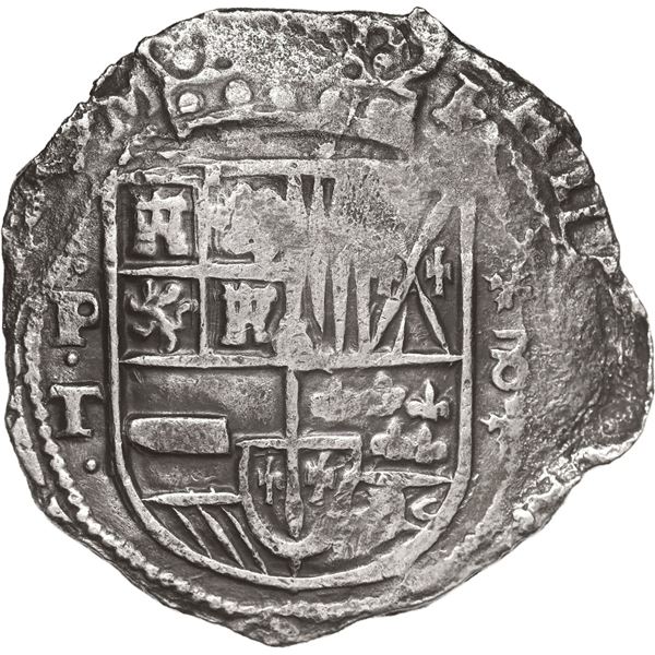 BOLIVIA, Potosí, cob 8 reales, Philip IV, assayer T (early 1630s), cross-fleury ornaments flanking d