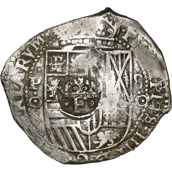 BOLIVIA, Potosí, cob 8 reales, 1651 O, with crowned-•F• (two dots) countermark on 