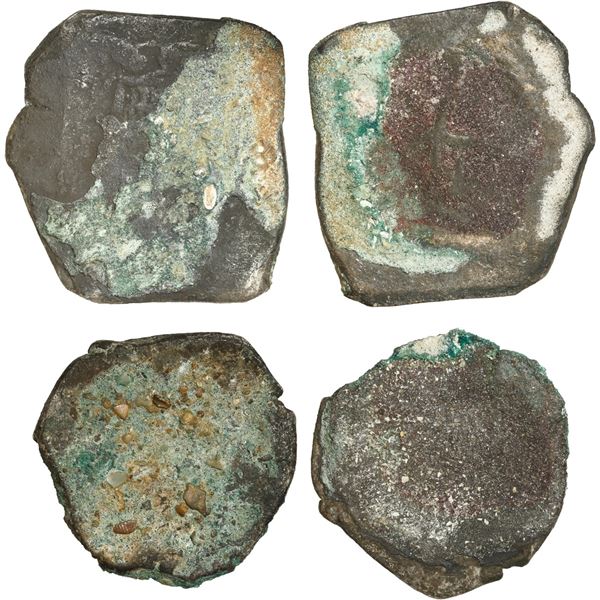 MEXICO, Mexico City, encrusted clump (separated) of two cob "greenies" (one 8 reales and one 4 reale